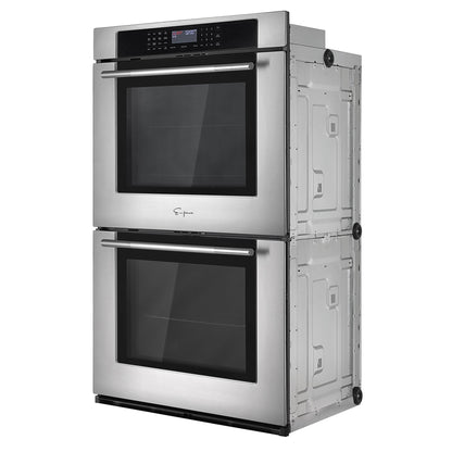 The Empava 30" Electric Double Wall Oven boasts a modern design with stainless steel construction and black-tinted glass doors. It features digital controls, a clear display panel on the top unit, dual zones for optimized cooking, and identical handles on both the upper and lower doors. Additionally, it offers a convenient "Keep food warm" function.4