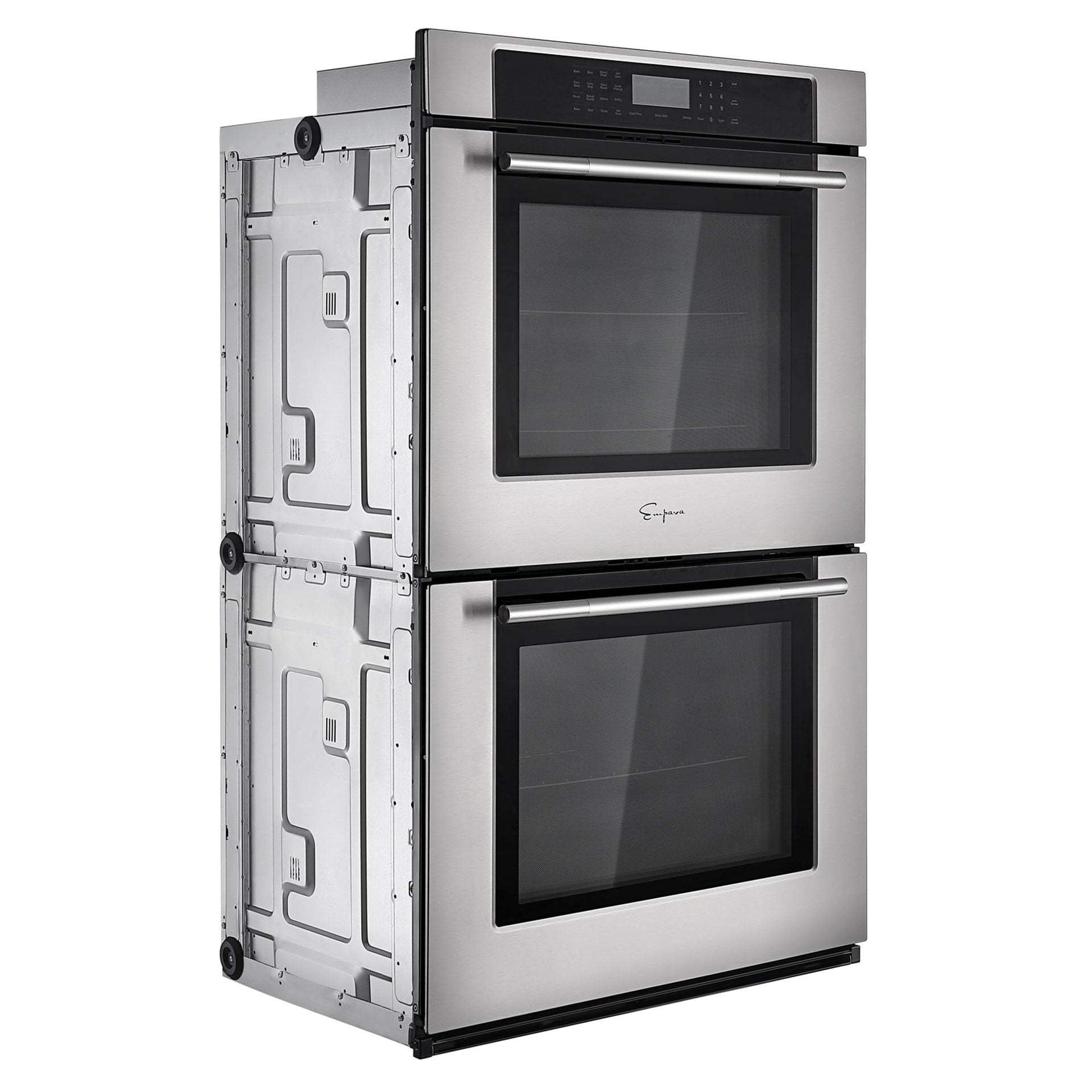 the-empava-30-electric-double-wall-oven-features-sleek-black-tinted-glass-doors-with-minimalistic-handles-the-digital-control-panel-is-positioned-above-the-top-oven-allowing-for-easy-access-this-oven-offers-dual-zones-for-versatile-cooking-and-includes-an-air-frying-option-to-keep-food-warm-and-crispy-the-side-and-rear-panels-are-visible-revealing-the-appliances-unfinished-edges-and-components