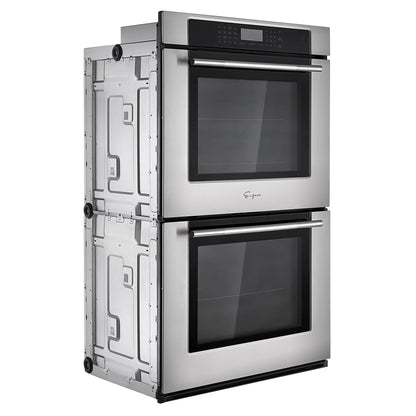 The Empava 30" Electric Double Wall Oven features sleek, black-tinted glass doors with minimalistic handles. The digital control panel is positioned above the top oven, allowing for easy access. This oven offers dual zones for versatile cooking and includes an air frying option to keep food warm and crispy. The side and rear panels are visible, revealing the appliance's unfinished edges and components.5