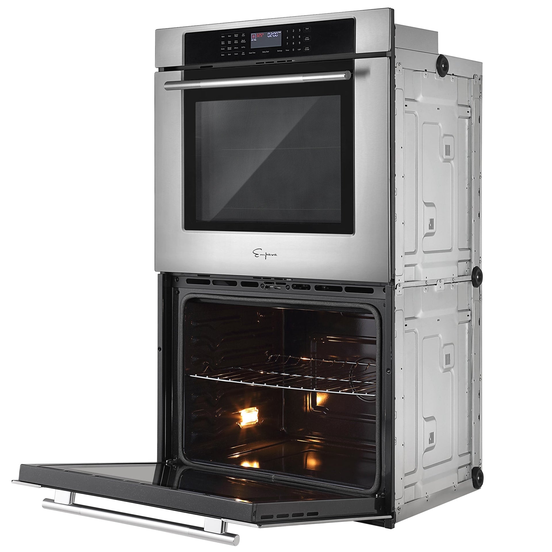 the-empava-30-electric-double-wall-oven-with-a-stainless-steel-finish-and-digital-control-panel-is-shown-the-top-oven-door-is-closed-while-the-bottom-oven-door-is-open-revealing-the-interior-with-oven-racks-and-an-illuminated-light-featuring-dual-zones-this-appliance-ensures-precise-cooking-and-can-easily-keep-food-warm