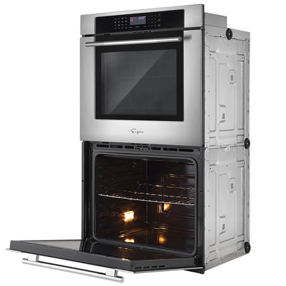 The Empava 30" Electric Double Wall Oven with a stainless steel finish and digital control panel is shown. The top oven door is closed, while the bottom oven door is open, revealing the interior with oven racks and an illuminated light. Featuring dual zones, this appliance ensures precise cooking and can easily keep food warm.10