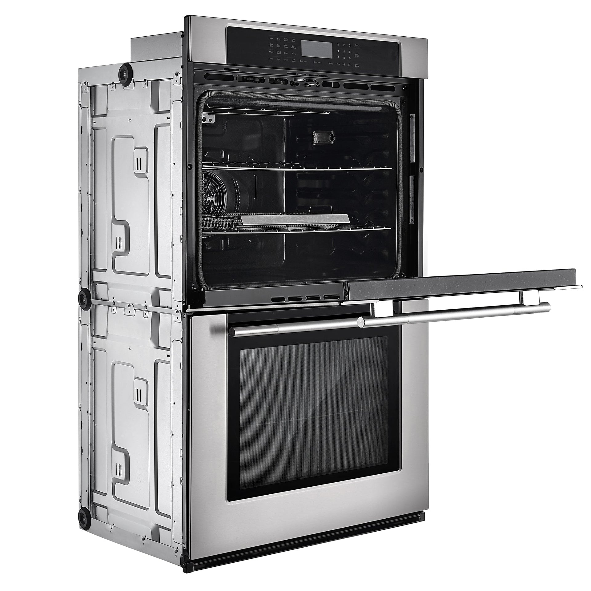 the-empava-30-electric-double-wall-oven-is-displayed-with-its-upper-oven-door-open-to-reveal-the-interior-racks-the-lower-oven-door-stays-closed-this-oven-boasts-dual-zones-for-efficient-cooking-and-a-digital-control-panel-at-the-top-all-encased-in-a-sleek-modern-design