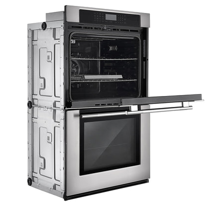 The Empava 30" Electric Double Wall Oven is displayed, with its upper oven door open to reveal the interior racks. The lower oven door stays closed. This oven boasts dual zones for efficient cooking and a digital control panel at the top, all encased in a sleek, modern design.12