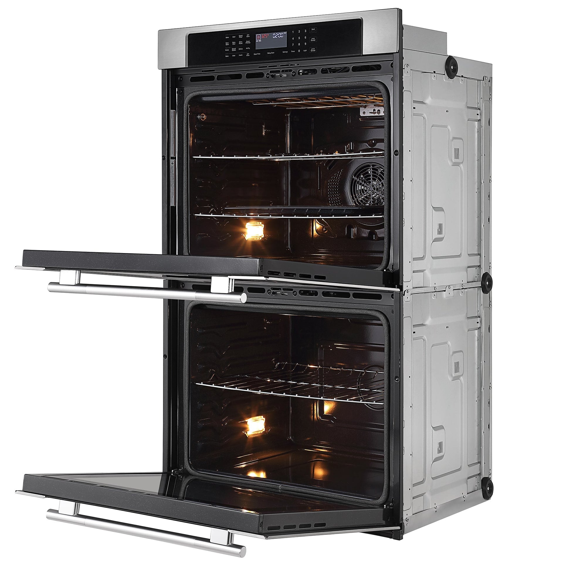 the-empava-30-electric-double-wall-oven-is-shown-with-both-doors-open-revealing-the-interior-equipped-with-three-racks-in-the-upper-oven-and-two-racks-in-the-lower-oven-the-ovens-are-brightly-lit-inside-and-the-control-panel-at-the-top-of-the-appliance-is-also-illuminated-featuring-a-sleek-silver-and-black-exterior-this-double-wall-oven-offers-dual-zones-for-efficient-cooking