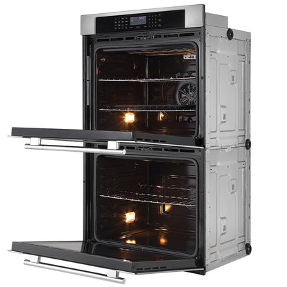 The Empava 30" Electric Double Wall Oven is shown with both doors open, revealing the interior equipped with three racks in the upper oven and two racks in the lower oven. The ovens are brightly lit inside, and the control panel at the top of the appliance is also illuminated. Featuring a sleek silver and black exterior, this double wall oven offers dual zones for efficient cooking.8