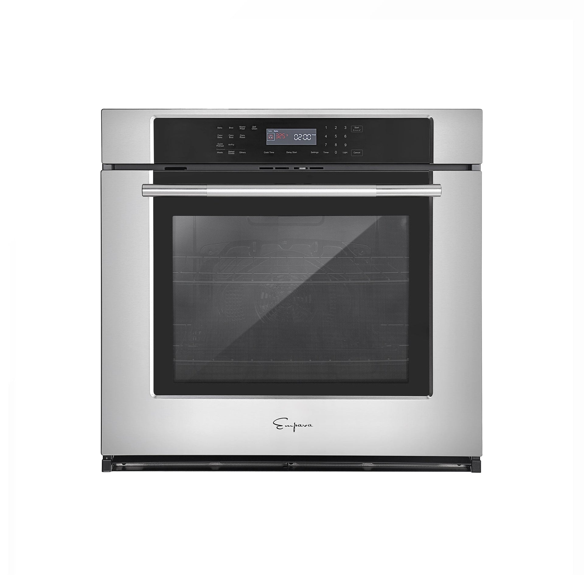 the-empava-30-electric-single-wall-oven-is-a-stainless-steel-oven-with-a-digital-control-panel-located-at-the-top-featuring-multiple-buttons-and-a-small-display-screen-the-oven-door-includes-a-large-window-designed-with-4-layers-of-glass-and-displays-the-brand-name-empava-at-the-bottom