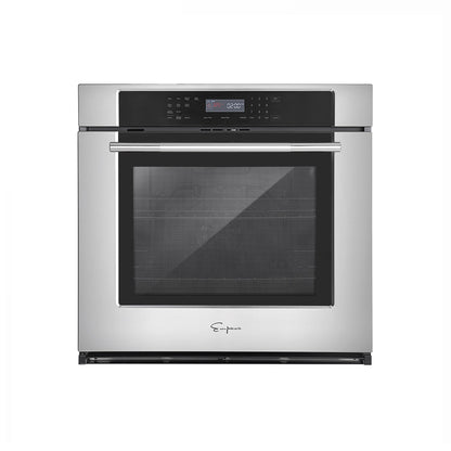 The Empava 30" Electric Single Wall Oven is a stainless steel oven with a digital control panel located at the top, featuring multiple buttons and a small display screen. The oven door includes a large window, designed with 4 layers of glass, and displays the brand name "Empava" at the bottom.1