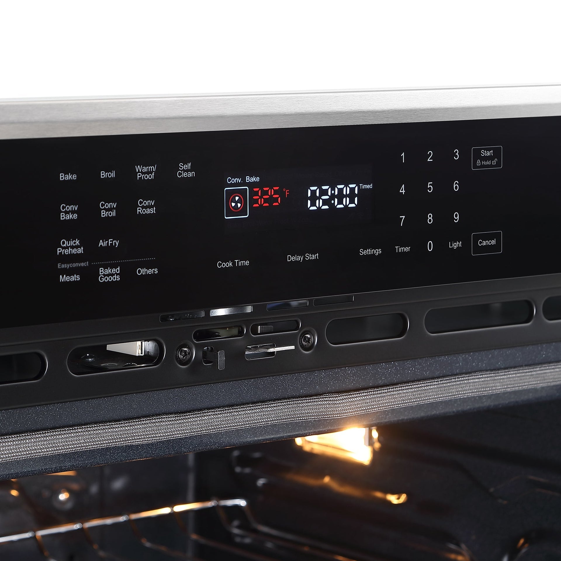 close-up-of-the-empava-30-electric-single-wall-ovens-digital-control-panel-with-various-settings-such-as-bake-broil-convection-roast-and-the-air-frying-function-the-display-shows-the-temperature-as-325-f-and-a-remaining-time-of-12-01-the-oven-light-is-on-illuminating-the-interior-through-the-4-layer-glass-door