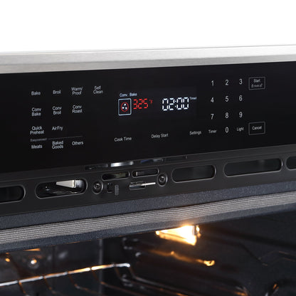 Close-up of the Empava 30" Electric Single Wall Oven's digital control panel with various settings such as bake, broil, convection, roast, and the air frying function. The display shows the temperature as 325°F and a remaining time of 12:01. The oven light is on, illuminating the interior through the 4-layer glass door.9