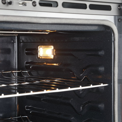 Close-up view of the Empava 30" Electric Single Wall Oven interior with two metal racks and the oven light turned on, illuminating the dark, clean, and empty cavity. The reflective walls highlight the visible heating elements through the 4-layer glass door. This model boasts an air frying function for healthier cooking options.10