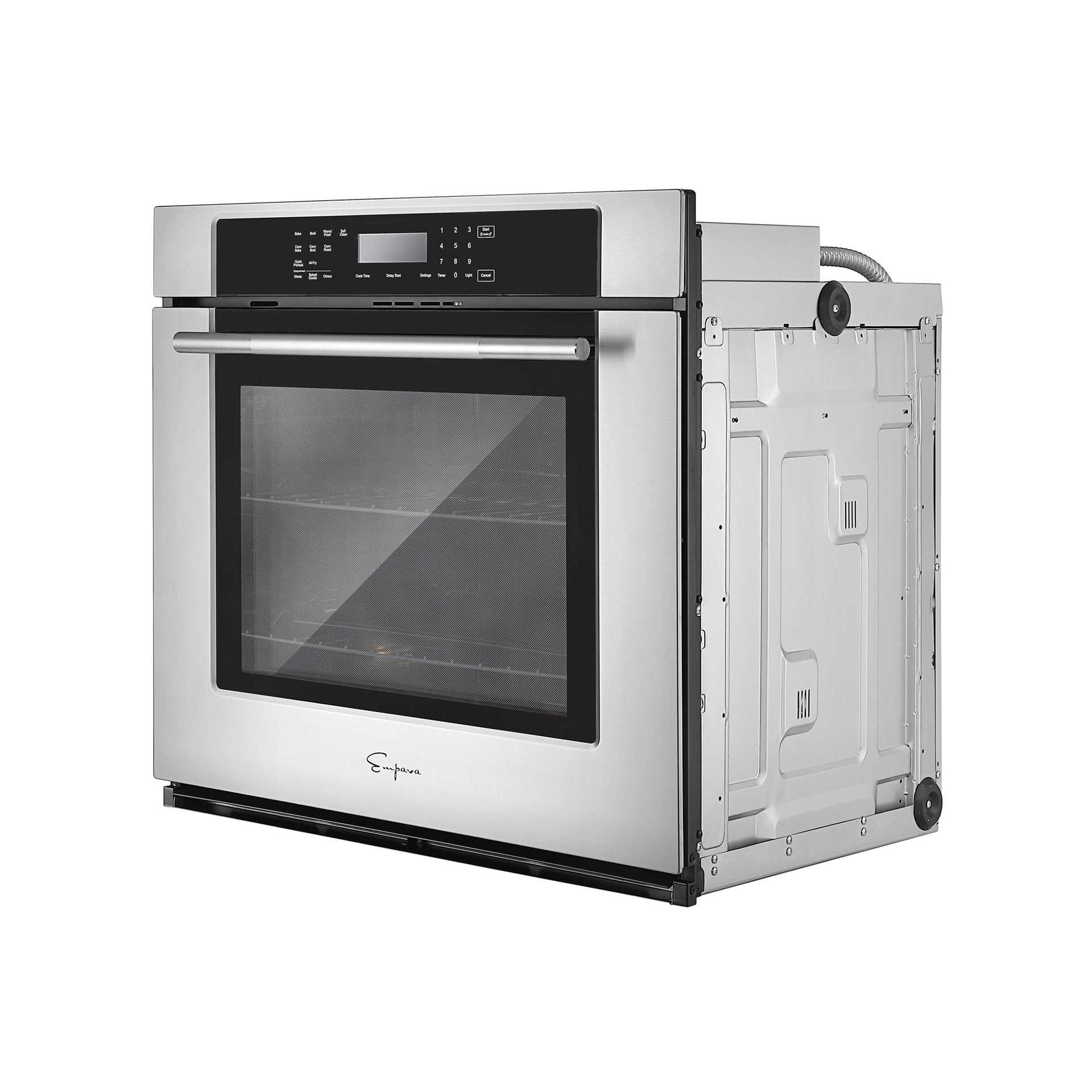 the-empava-30-electric-single-wall-oven-features-a-stainless-steel-design-a-digital-control-panel-with-multiple-buttons-a-display-screen-and-a-circular-knob-the-ovens-4-layer-glass-door-is-visible-from-a-three-quarter-angle-revealing-its-side-and-semi-open-back-with-electrical-connections
