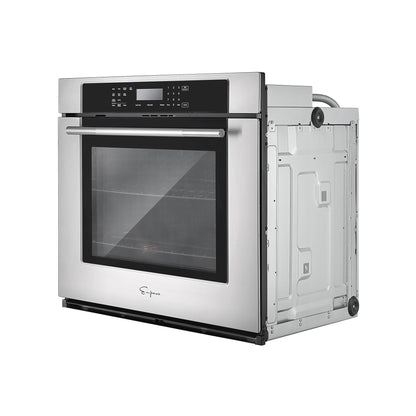 The Empava 30" Electric Single Wall Oven features a stainless steel design, a digital control panel with multiple buttons, a display screen, and a circular knob. The oven's 4-layer glass door is visible from a three-quarter angle, revealing its side and semi-open back with electrical connections.2