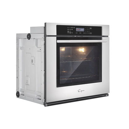 The Empava 30" Electric Single Wall Oven showcases a contemporary design with a stainless steel finish and is equipped with a digital control panel on the top. The interior is well-lit, offering clear visibility, and includes multiple wire racks for versatile cooking. The oven door features four layers of glass and is slightly ajar to reveal the spacious interior. This model also boasts a steam self-clean function and is partially built into cabinetry for a sleek look.3