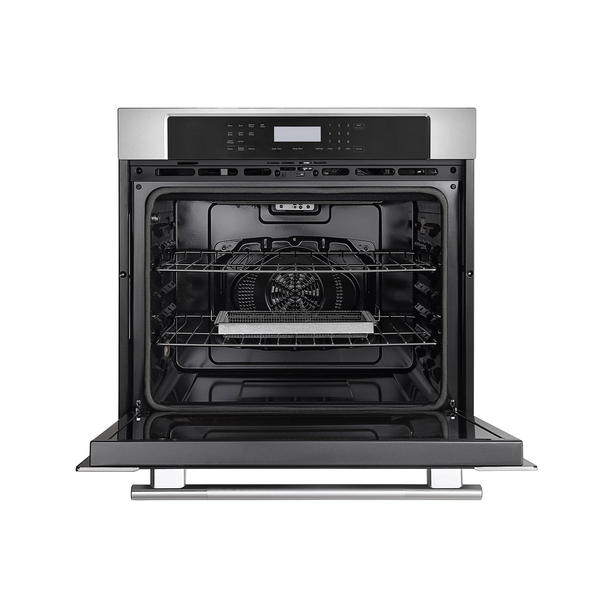 image-of-an-open-empava-30-electric-single-wall-oven-with-an-led-display-and-control-panel-at-the-top-inside-there-are-two-metal-racks-and-a-fan-visible-at-the-back-of-the-oven-interior-the-4-layer-glass-door-is-fully-open-showing-the-entire-space-equipped-with-a-steam-self-clean-feature