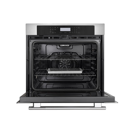 Image of an open Empava 30" Electric Single Wall Oven with an LED display and control panel at the top. Inside, there are two metal racks and a fan visible at the back of the oven interior. The 4-layer glass door is fully open, showing the entire space equipped with a steam self-clean feature.4