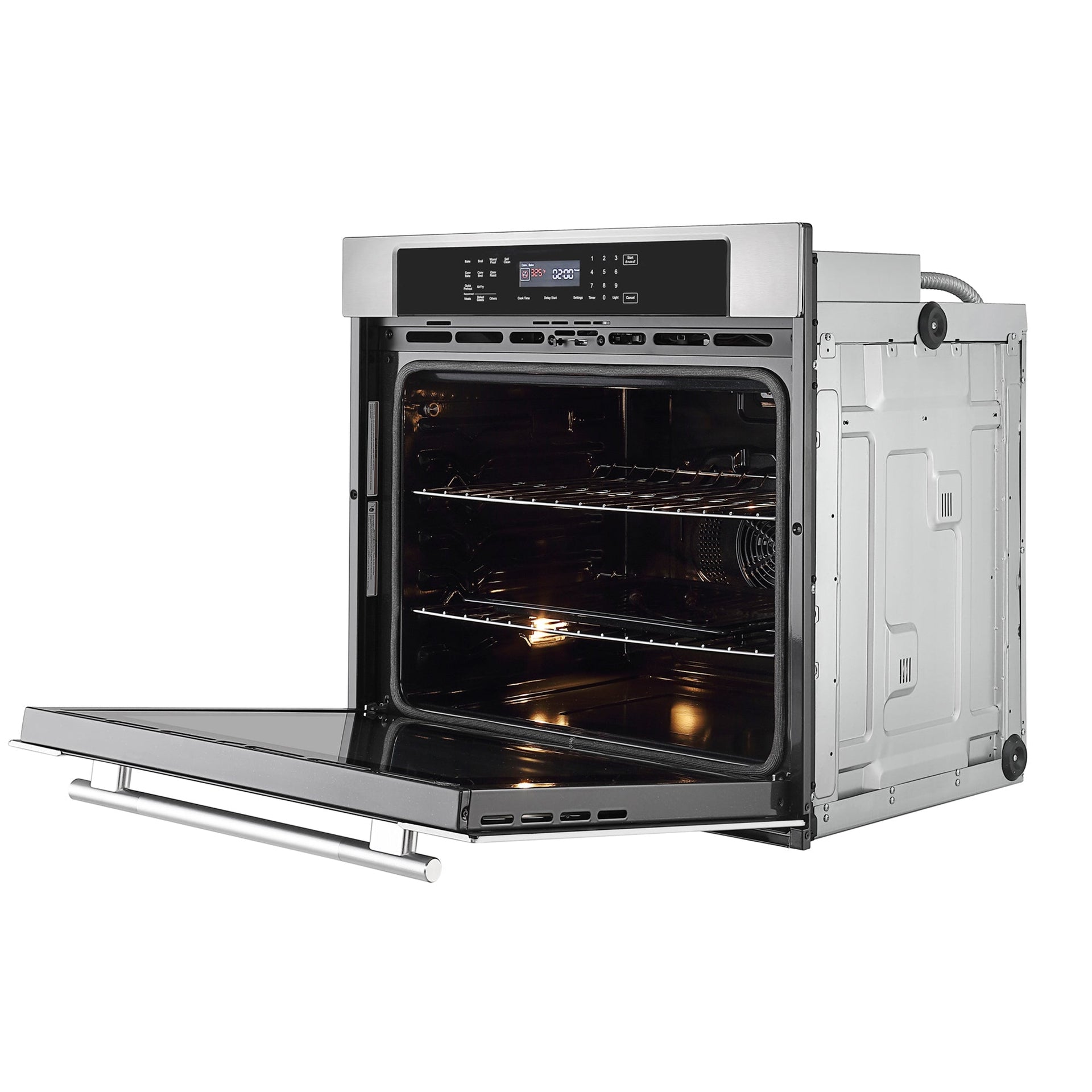 the-empava-30-electric-single-wall-oven-is-displayed-with-its-stainless-steel-door-open-revealing-a-4-layer-glass-door-the-black-interior-contains-two-racks-and-is-illuminated-by-an-interior-light-the-door-has-a-sleek-handle-and-the-oven-includes-a-digital-control-panel-along-with-an-innovative-air-frying-function