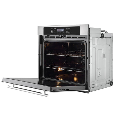The Empava 30" Electric Single Wall Oven is displayed with its stainless steel door open, revealing a 4-layer glass door. The black interior contains two racks and is illuminated by an interior light. The door has a sleek handle, and the oven includes a digital control panel along with an innovative air frying function.5
