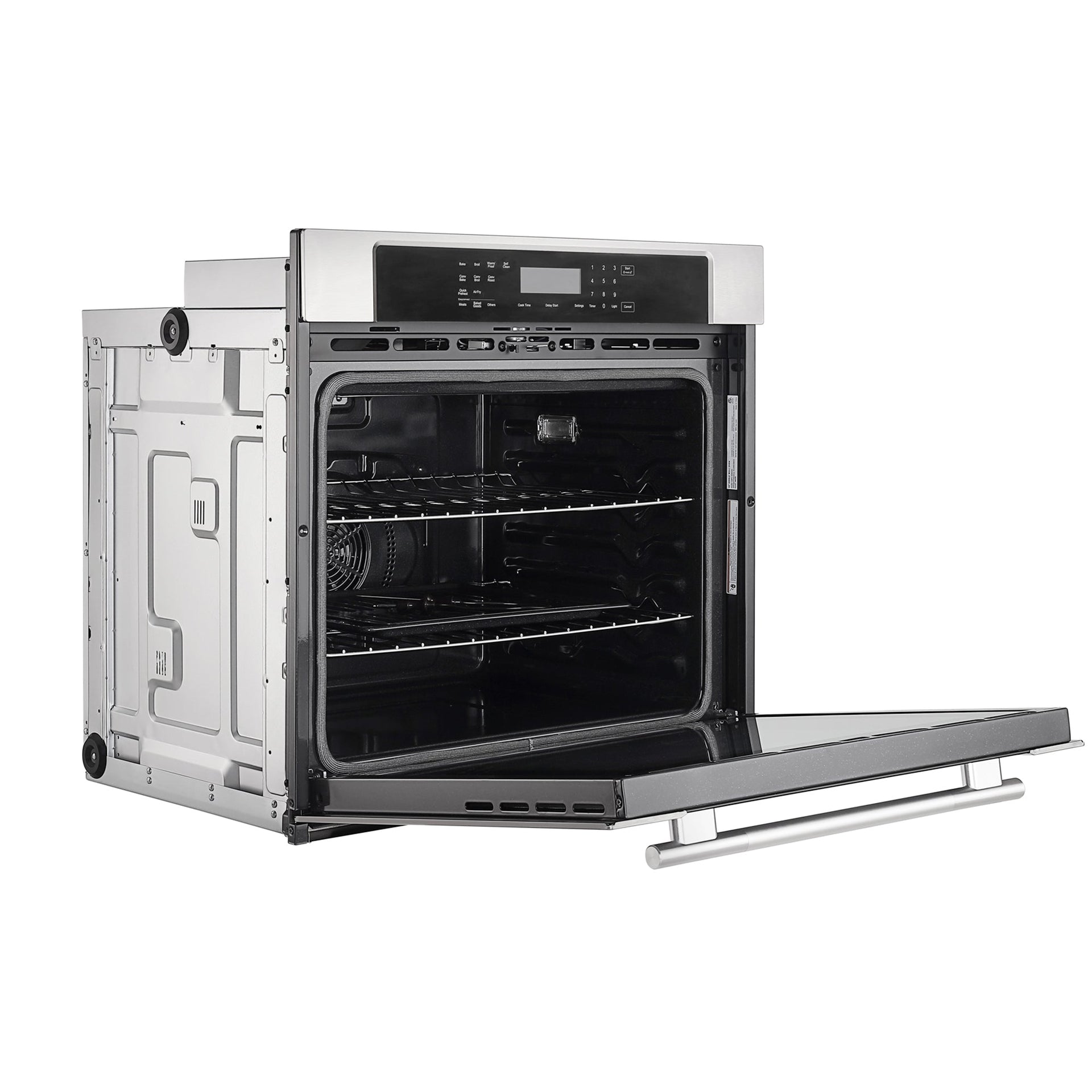 image-of-the-empava-30-electric-single-wall-oven-with-its-door-open-highlighting-a-modern-sleek-stainless-steel-design-the-oven-features-two-wire-racks-a-control-panel-with-various-buttons-and-a-display-screen-at-the-top-notably-it-comes-equipped-with-an-innovative-air-frying-function-and-steam-self-clean-for-added-convenience