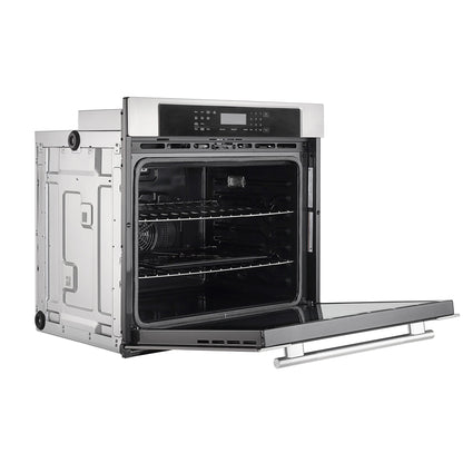 Image of the Empava 30" Electric Single Wall Oven with its door open, highlighting a modern, sleek stainless steel design. The oven features two wire racks, a control panel with various buttons, and a display screen at the top. Notably, it comes equipped with an innovative air frying function and steam self-clean for added convenience.6