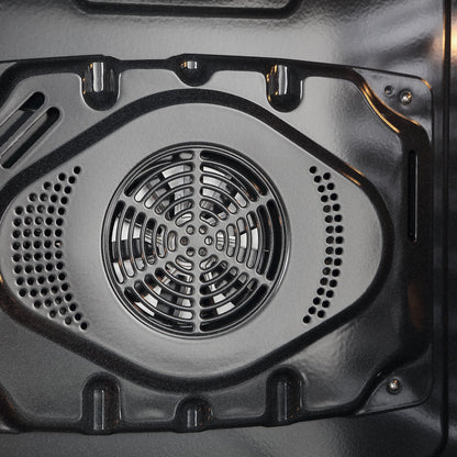Close-up view of the interior of an Empava 30" Electric Single Wall Oven. The image focuses on the back panel, which features a circular vent with multiple concentric rings and perforations. The metallic surface of the oven appears clean and polished, showcasing its steam self-clean function for effortless maintenance.11