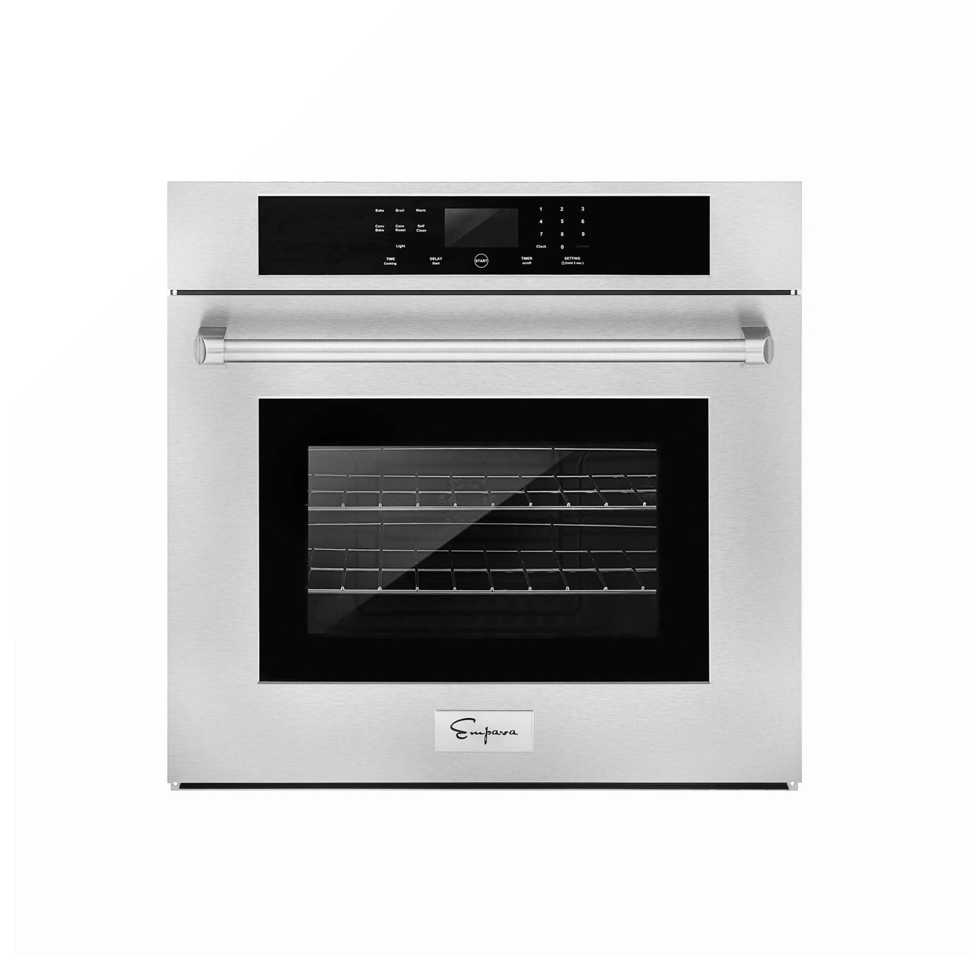 the-empava-30-in-built-in-electric-single-wall-oven-is-a-modern-stainless-steel-appliance-that-boasts-a-sleek-black-digital-control-panel-positioned-at-the-top-its-door-features-a-large-transparent-window-and-a-sturdy-handle-providing-both-style-and-functionality-inside-metal-racks-are-clearly-visible-for-versatile-cooking-options-the-brand-name-is-elegantly-displayed-on-a-small-plaque-at-the-bottom-of-the-door