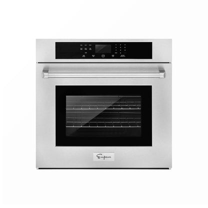 The Empava 30 in. Built-in Electric Single Wall Oven is a modern stainless steel appliance that boasts a sleek black digital control panel positioned at the top. Its door features a large transparent window and a sturdy handle, providing both style and functionality. Inside, metal racks are clearly visible for versatile cooking options. The brand name is elegantly displayed on a small plaque at the bottom of the door.1