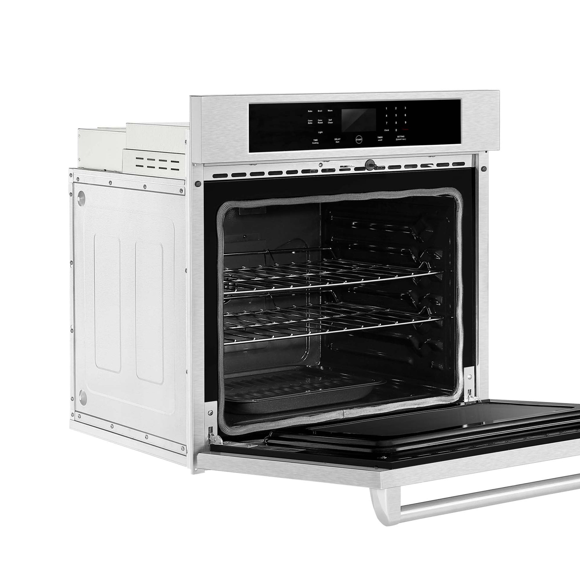the-empava-30-in-built-in-electric-single-wall-oven-features-a-sleek-silver-colored-exterior-of-stainless-steel-with-a-modern-design-an-open-door-reveals-two-wire-racks-inside-while-the-digital-control-panel-at-the-top-includes-several-buttons-and-a-display-screen