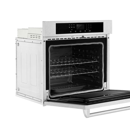 The Empava 30 in. Built-in Electric Single Wall Oven features a sleek, silver-colored exterior of stainless steel with a modern design. An open door reveals two wire racks inside, while the digital control panel at the top includes several buttons and a display screen.3