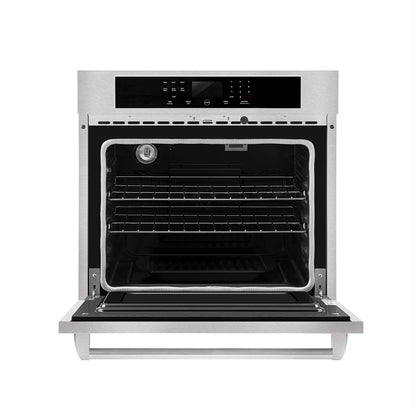 The Empava 30 in. Built-in Electric Single Wall Oven features a digital control panel at the top. The interior includes multiple racks and a light on the upper left side, ensuring a clear view of the spacious cooking area. The door is hinged at the bottom.2
