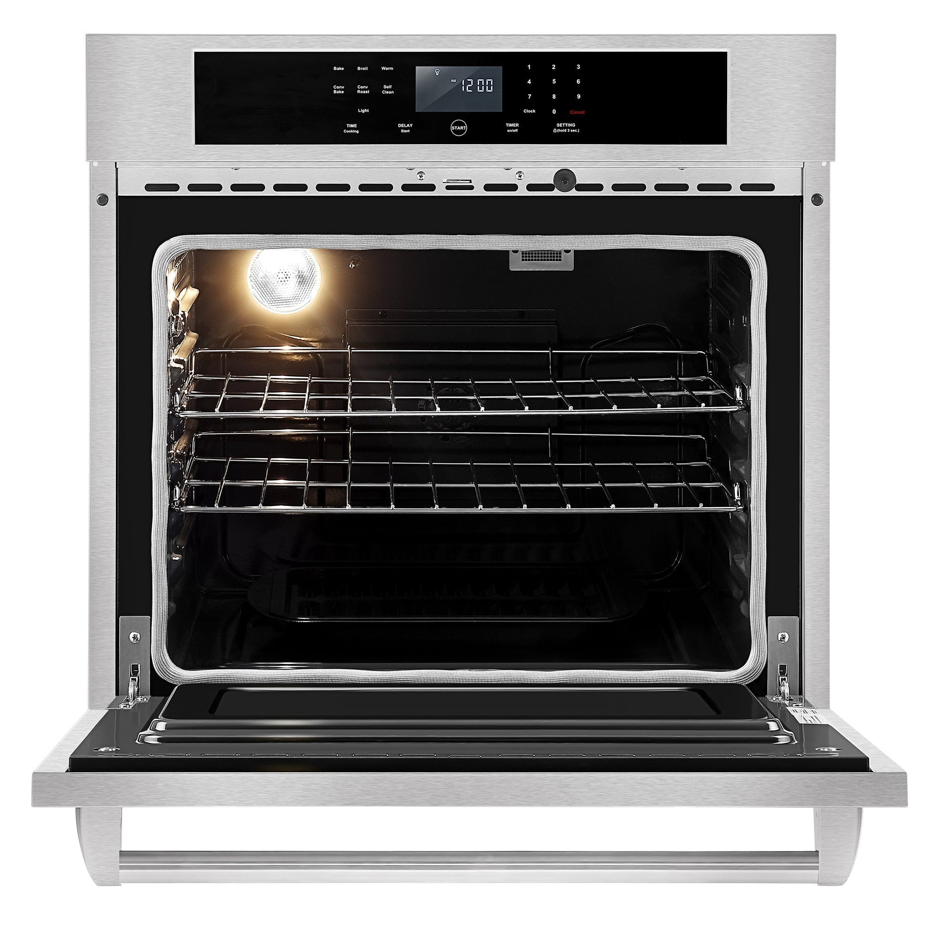 an-empava-30-in-built-in-electric-single-wall-oven-with-its-door-open-revealing-two-wire-racks-inside-the-oven-light-is-on-illuminating-the-interior-the-control-panel-above-the-oven-door-features-a-digital-display-and-several-buttons-for-various-settings