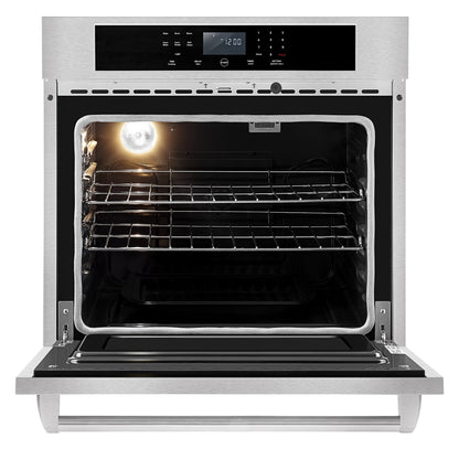 An Empava 30 in. Built-in Electric Single Wall Oven with its door open, revealing two wire racks inside. The oven light is on, illuminating the interior. The control panel above the oven door features a digital display and several buttons for various settings.5