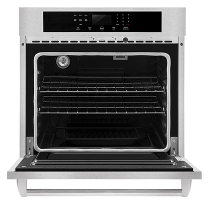 The Empava 30 in. Built-in Electric Single Wall Oven, with its door open, reveals two wire racks inside. The front control panel above the oven cavity displays various settings and temperature controls, while the oven light is visible on the upper left corner of the interior.6