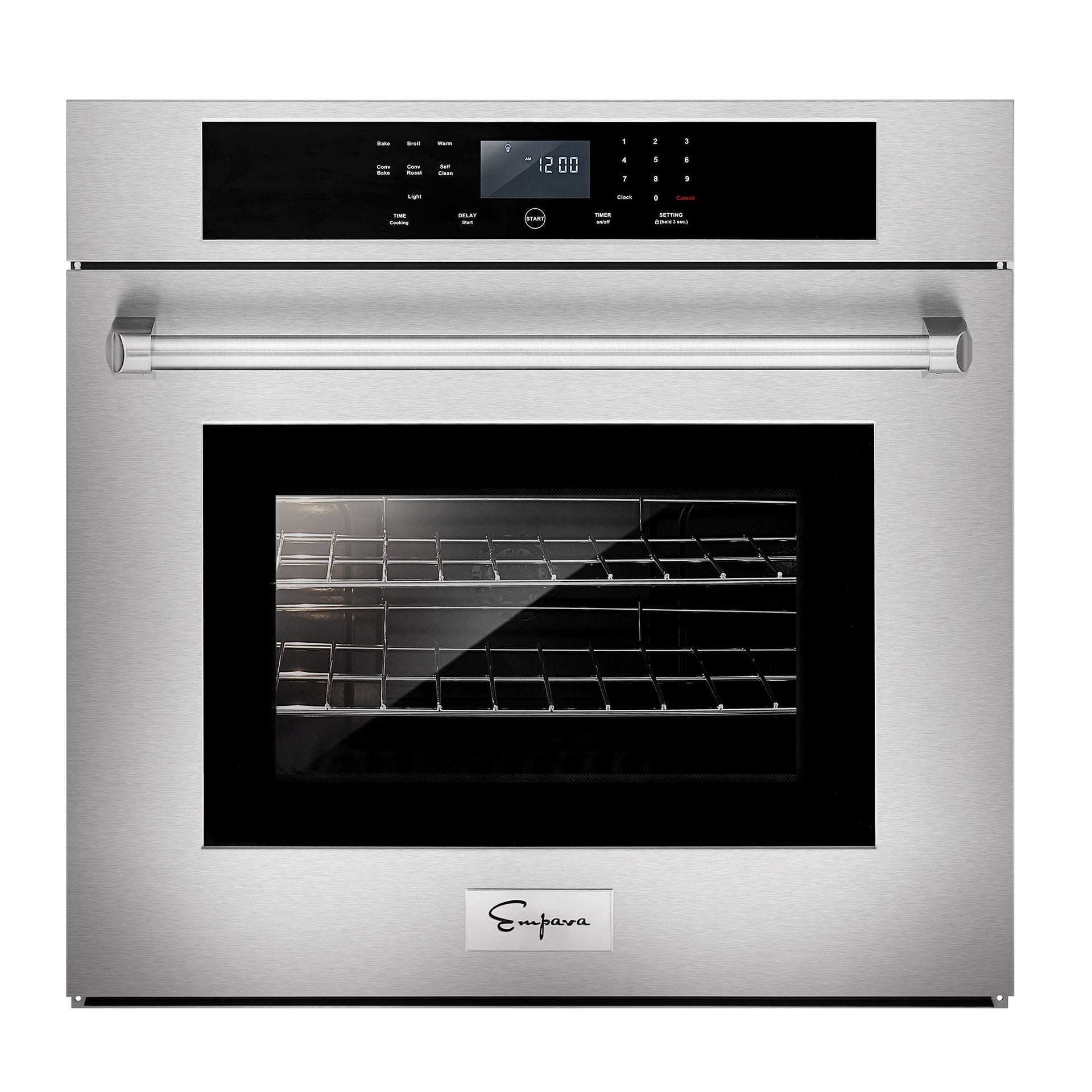 the-empava-30-in-built-in-electric-single-wall-oven-made-of-stainless-steel-boasts-a-digital-control-panel-on-its-upper-section-its-door-featuring-a-large-glass-window-that-displays-the-wire-rack-inside-is-complemented-by-a-horizontally-running-handle-across-the-front-empava-appliances-are-renowned-for-their-sleek-and-modern-design