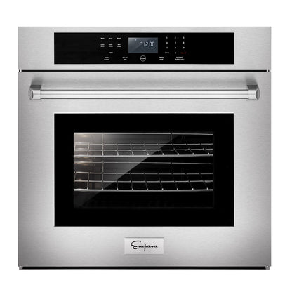 The Empava 30 in. Built-in Electric Single Wall Oven, made of stainless steel, boasts a digital control panel on its upper section. Its door, featuring a large glass window that displays the wire rack inside, is complemented by a horizontally running handle across the front. Empava appliances are renowned for their sleek and modern design.4