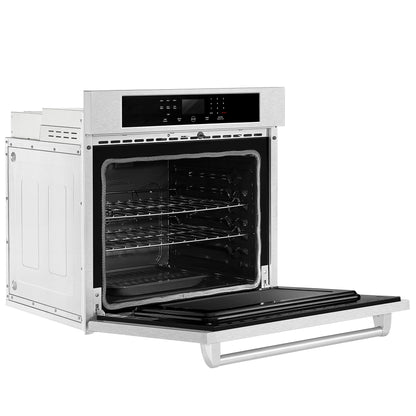 The Empava 30 in. Built-in Electric Single Wall Oven, this stainless steel wall oven with its door open, showcases the interior cooking space with multiple metal racks. The control panel above the opening features digital and manual controls. The oven's design is sleek and modern, perfect for contemporary kitchens.7