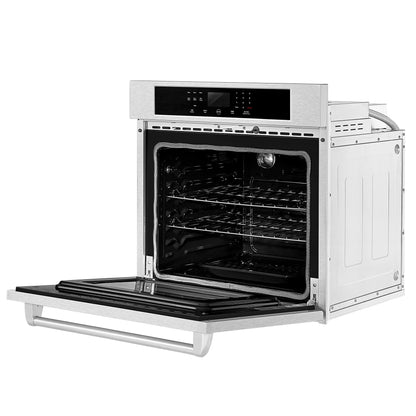 The Empava 30 in. Built-in Electric Single Wall Oven, crafted from silver stainless steel, is shown with its door open. The interior boasts multiple racks and an internal light bulb. Positioned above the door, the control panel includes a digital display accompanied by buttons and knobs. This oven's sleek design makes it a perfect fit for a modern kitchen appliance.8