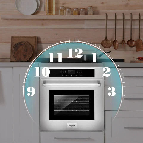 a-modern-kitchen-showcases-empava-appliances-including-the-empava-30-in-built-in-electric-single-wall-oven-with-a-sleek-stainless-steel-finish-and-a-transparent-door-above-the-oven-a-cooking-pot-rests-on-the-stovetop-while-utensils-hang-on-the-wooden-backsplash-overlaid-on-the-oven-is-a-clock-graphic-illustrating-the-kitchen-as-a-timepiece