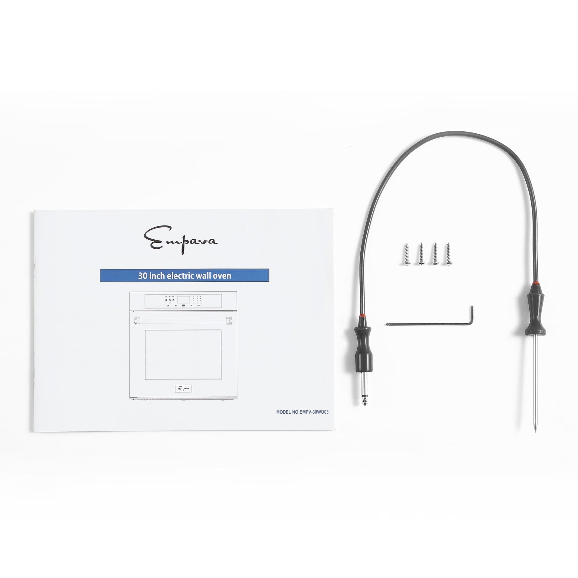 included-with-the-empava-30-in-built-in-electric-single-wall-oven-are-a-manual-documentation-with-an-illustration-of-the-oven-on-the-cover-a-temperature-probe-with-a-connecting-cable-three-screws-and-an-allen-wrench-the-empava-brand-name-is-displayed-on-the-manual