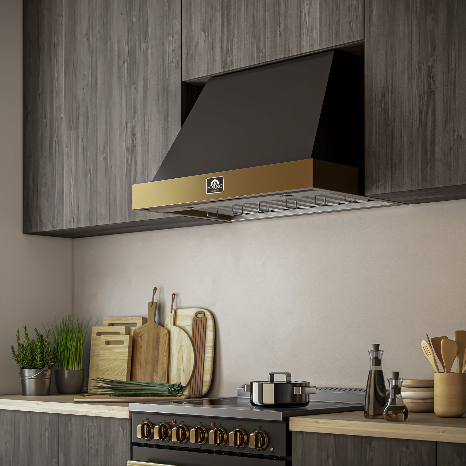 forno-vittorio-36-inch-wall-mount-range-hood-600-cfm-black-with-antique-brass-trim-remote-control-frhwm5078-36blk