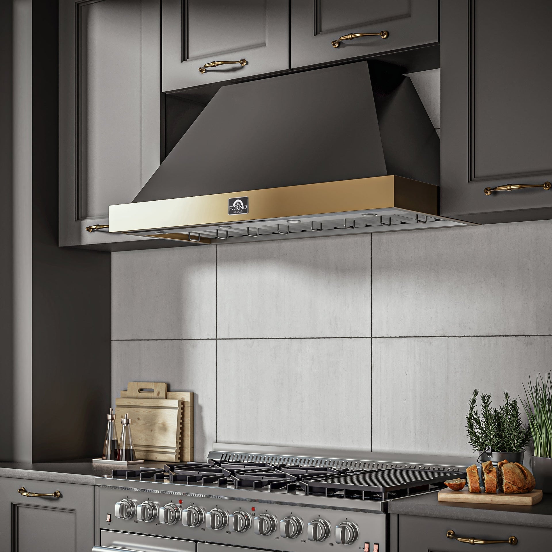 forno-vittorio-48-inch-wall-mount-range-hood-600-cfm-black-with-antique-brass-trim-remote-control-model-frhwm5078-48blk