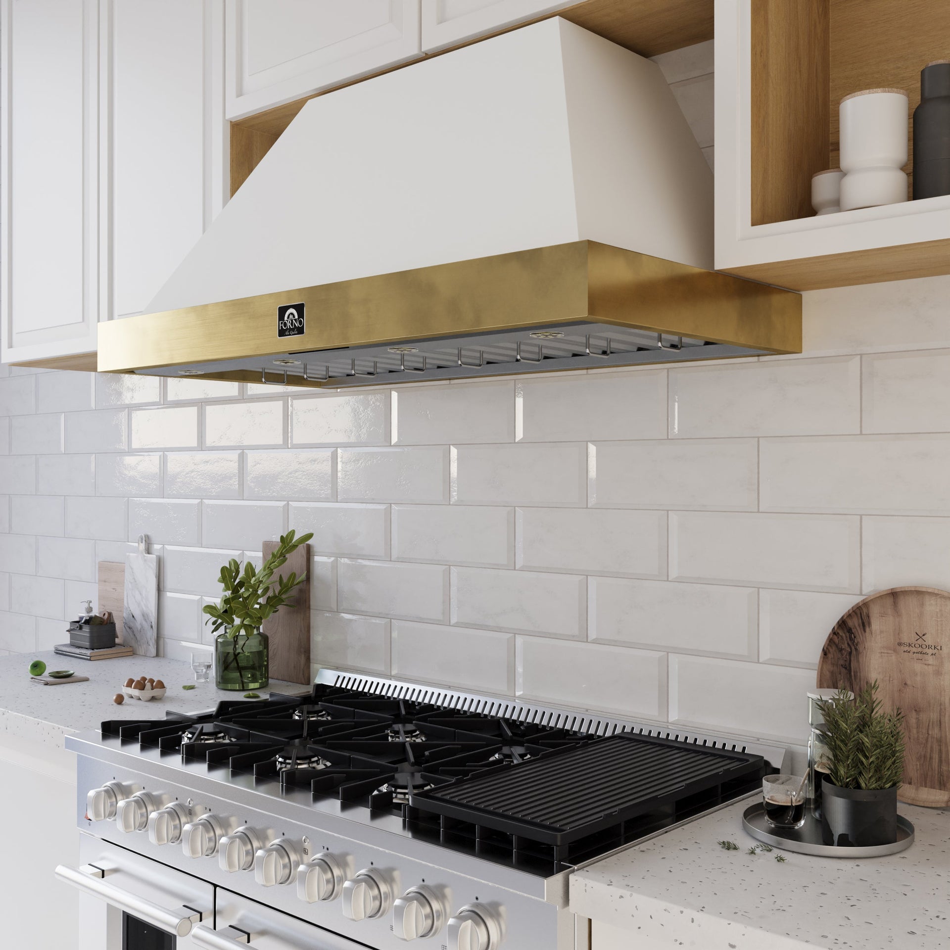 forno-vittorio-48-inch-wall-mount-range-hood-600-cfm-white-with-antique-brass-trim-remote-control-model-frhwm5078-48wht