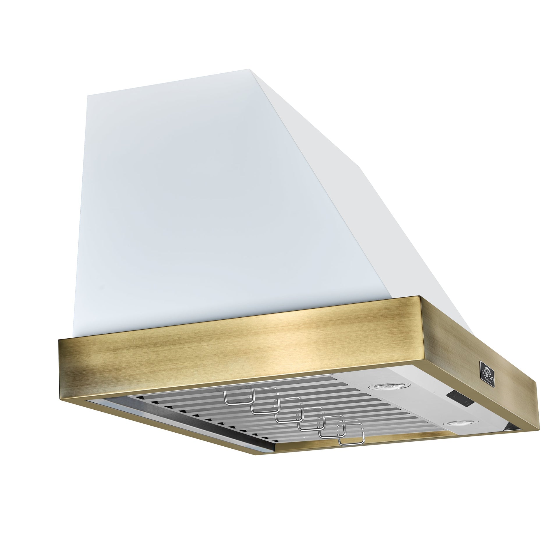 forno-vittorio-36-inch-wall-mount-range-hood-600-cfm-white-with-antique-brass-trim-remote-control-model-frhwm5078-36wht