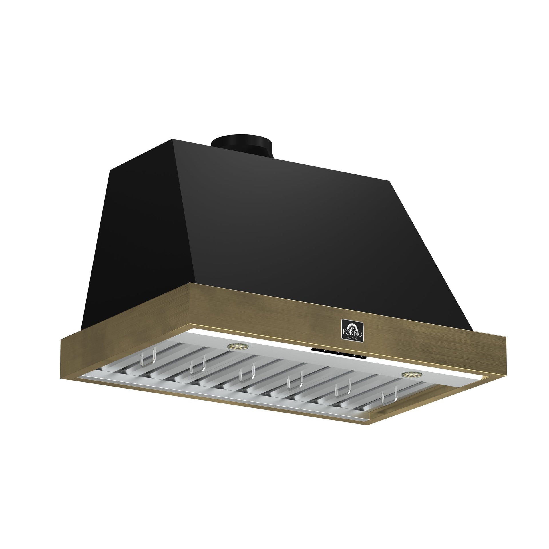 forno-vittorio-36-inch-wall-mount-range-hood-600-cfm-black-with-antique-brass-trim-remote-control-frhwm5078-36blk