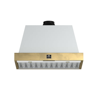 Forno Vittorio 36-Inch Wall-Mount Range Hood, 600 CFM, White with Antique Brass Trim, Remote Control (Model FRHWM5078-36WHT)1