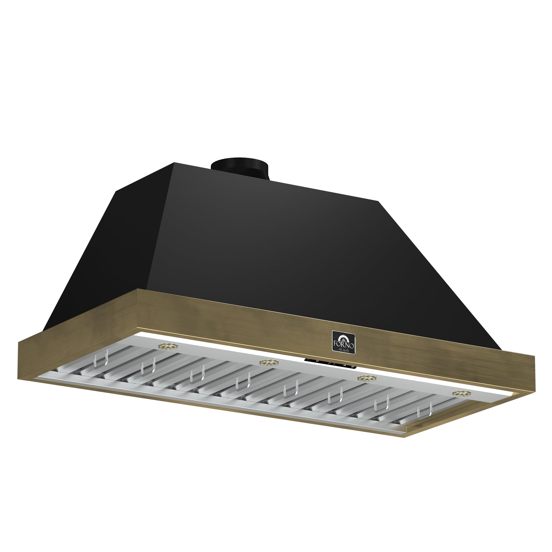forno-vittorio-48-inch-wall-mount-range-hood-600-cfm-black-with-antique-brass-trim-remote-control-model-frhwm5078-48blk