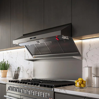 Forno Savona 48-Inch Wall-Mounted Range Hood with Backsplash and Red Warming Light, Stainless Steel – Model FRHWM5029-48HB3