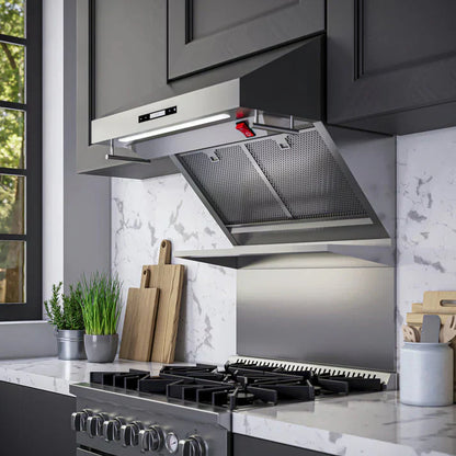 Forno Savona 30-Inch Wall-Mounted Range Hood with Backsplash, Shelf, and Red Warming Light – Model FRHWM5029-30HB1